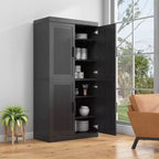 Mobile credenza in legno da 62x31x16 cm con finitura venata nera, organizer contenitore con ripiani regolabili e ante in rattan per cucina, camera da letto, soggiorno/sala da pranzo