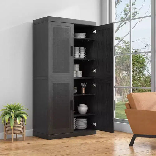 Mobile credenza in legno da 62x31x16 cm con finitura venata nera, organizer contenitore con ripiani regolabili e ante in rattan per cucina, camera da letto, soggiorno/sala da pranzo