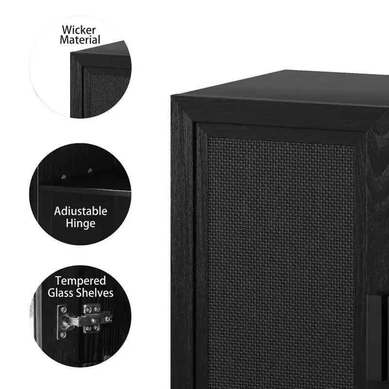 Mobile credenza in legno da 62x31x16 cm con finitura venata nera, organizer contenitore con ripiani regolabili e ante in rattan per cucina, camera da letto, soggiorno/sala da pranzo
