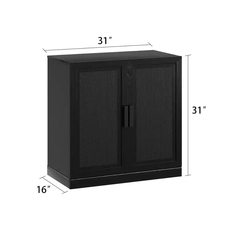 Mobile credenza in legno da 62x31x16 cm con finitura venata nera, organizer contenitore con ripiani regolabili e ante in rattan per cucina, camera da letto, soggiorno/sala da pranzo