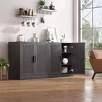 Mobile credenza in legno da 62x31x16 cm con finitura venata nera, organizer contenitore con ripiani regolabili e ante in rattan per cucina, camera da letto, soggiorno/sala da pranzo