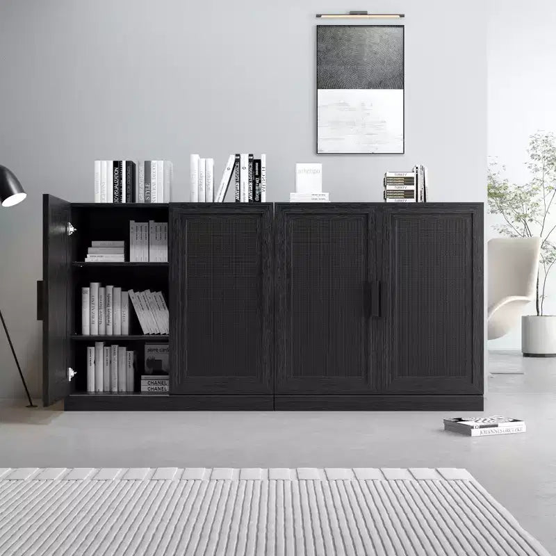 Mobile credenza in legno da 62x31x16 cm con finitura venata nera, organizer contenitore con ripiani regolabili e ante in rattan per cucina, camera da letto, soggiorno/sala da pranzo