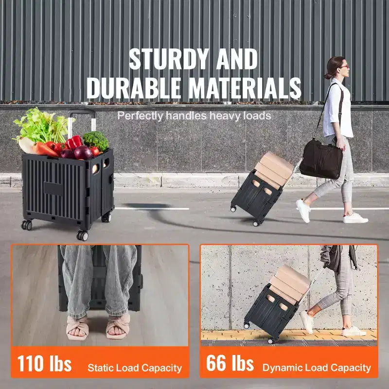 Carrello portautensili pieghevole VEVOR, capacità di carico 50 kg, carrello a cassa pieghevole portatile con manico telescopico per carichi pesanti e 4 ruote girevoli