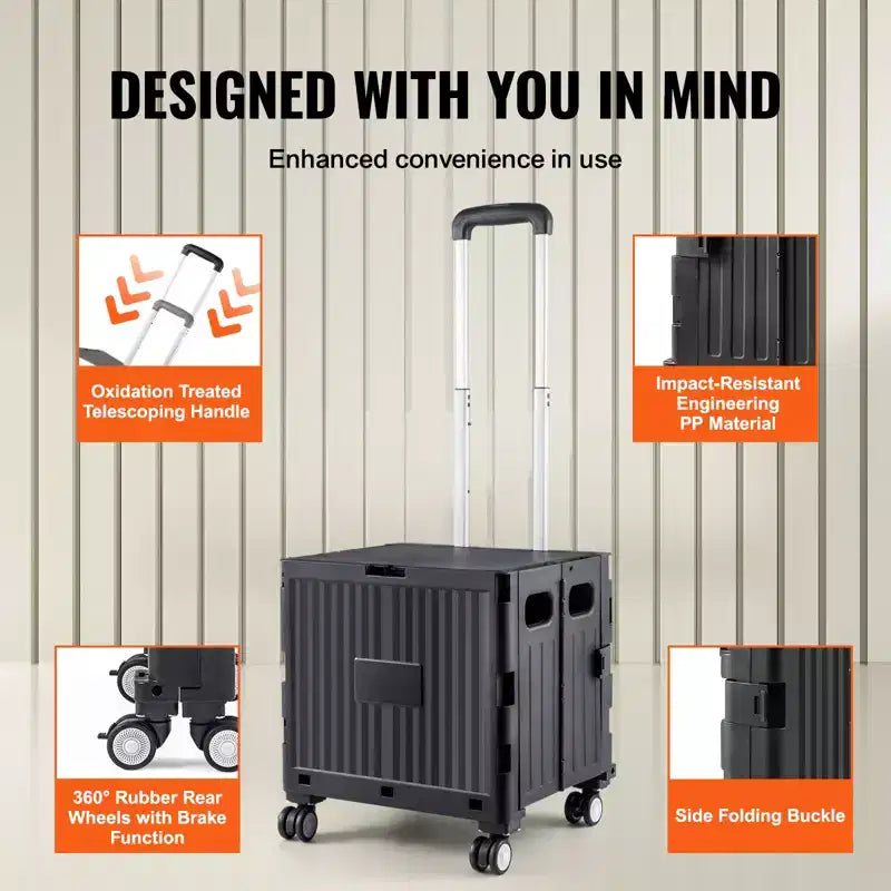 Carrello portautensili pieghevole VEVOR, capacità di carico 50 kg, carrello a cassa pieghevole portatile con manico telescopico per carichi pesanti e 4 ruote girevoli