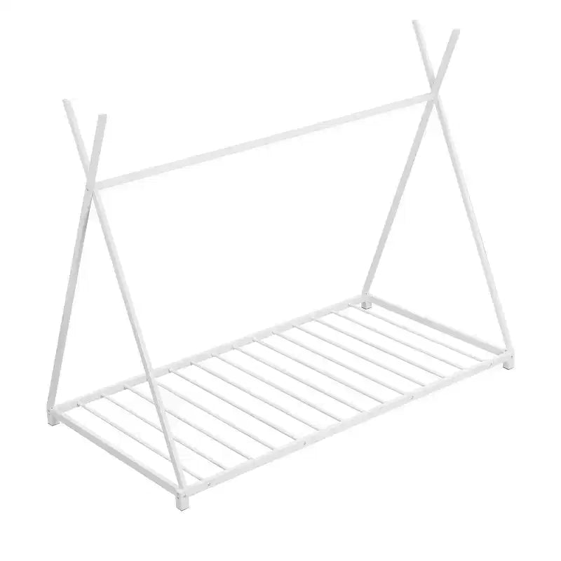 Struttura Letto Singolo Okak, Letto a Piattaforma Singolo in Metallo con Struttura a Triangolo per Camera da Letto, Bianco