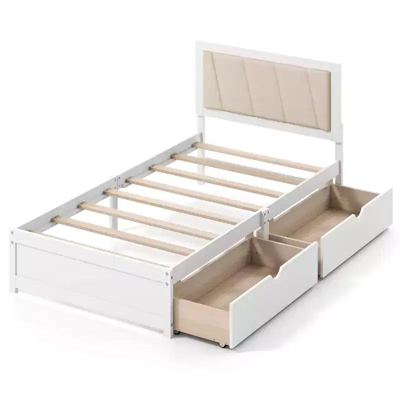 Costway Twin Size Bed Frame with 2 Storage Drawers Upholstered Headboard Wood Structure