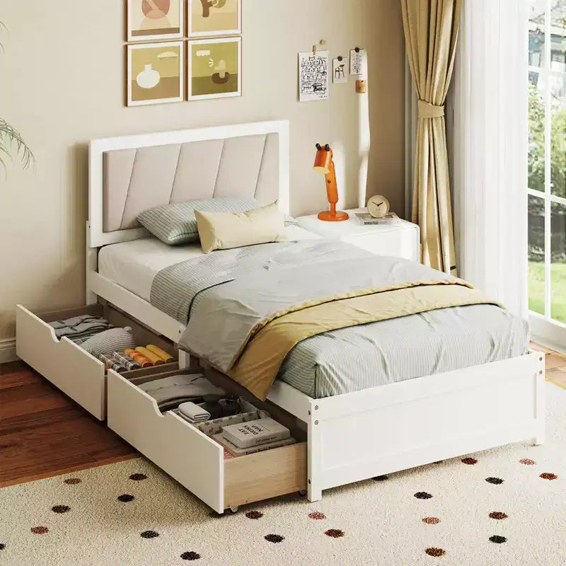 Costway Struttura Letto Singolo con 2 Cassetti Contenitore Testiera Imbottita Struttura in Legno
