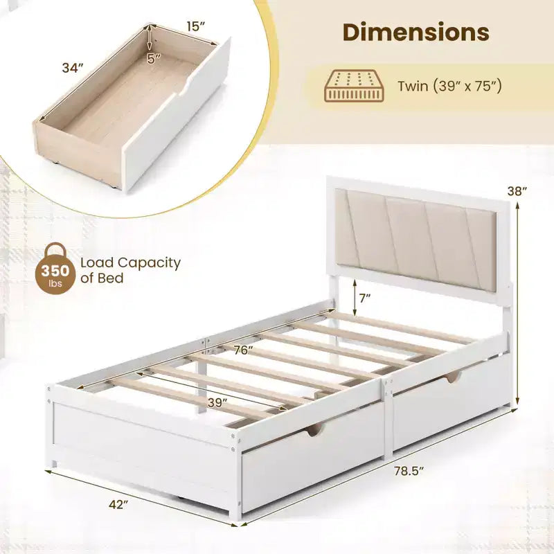 Costway Struttura Letto Singolo con 2 Cassetti Contenitore Testiera Imbottita Struttura in Legno
