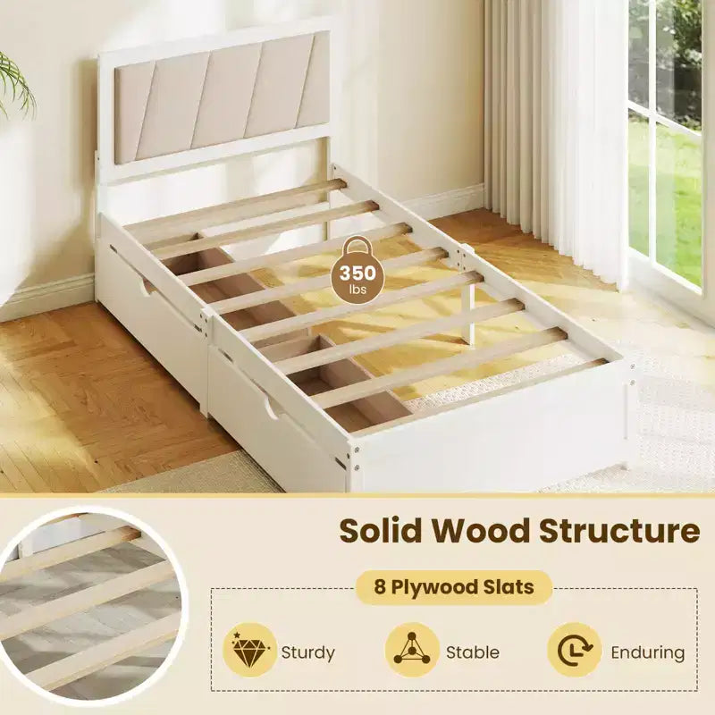 Costway Struttura Letto Singolo con 2 Cassetti Contenitore Testiera Imbottita Struttura in Legno