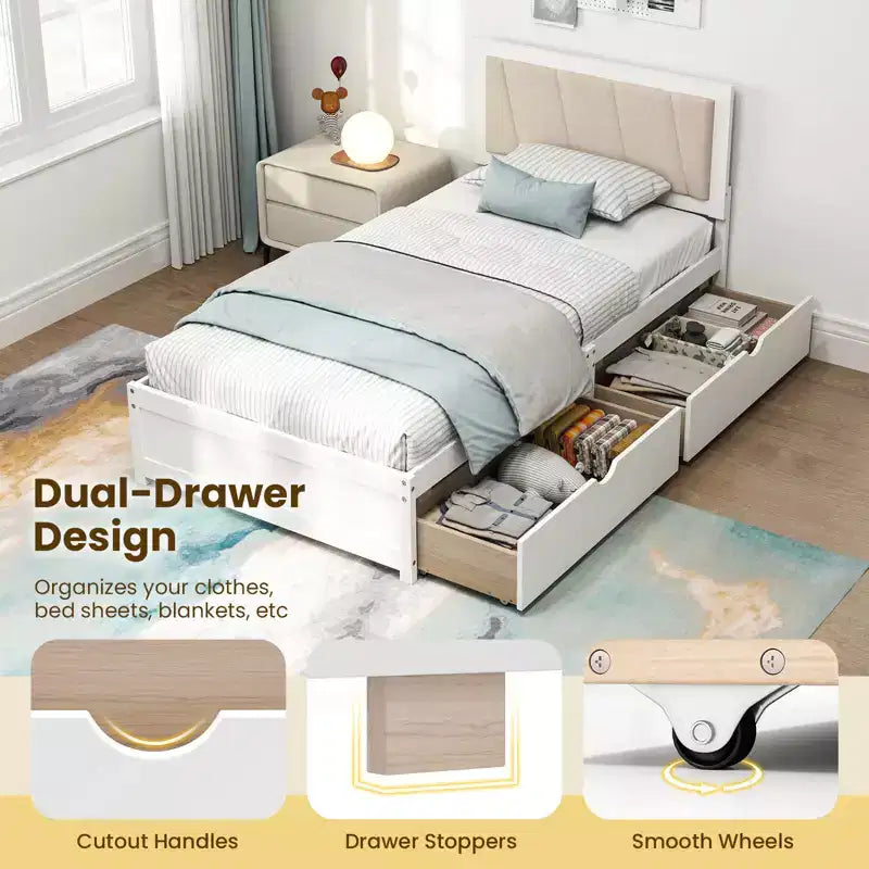 Costway Struttura Letto Singolo con 2 Cassetti Contenitore Testiera Imbottita Struttura in Legno