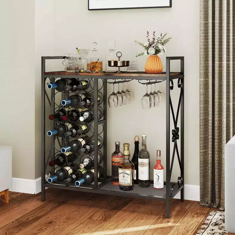 Costway Portabottiglie da Vino da Terra per 21 Bottiglie con Scaffale Contenitore Nero & Oro / Marrone