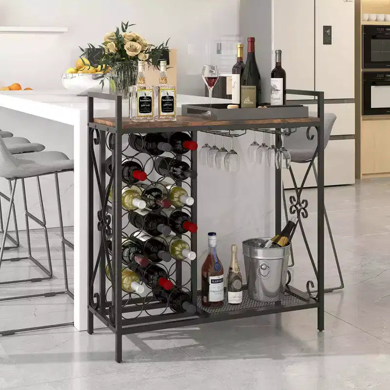 Costway Portabottiglie da Vino da Terra per 21 Bottiglie con Scaffale Contenitore Nero & Oro / Marrone