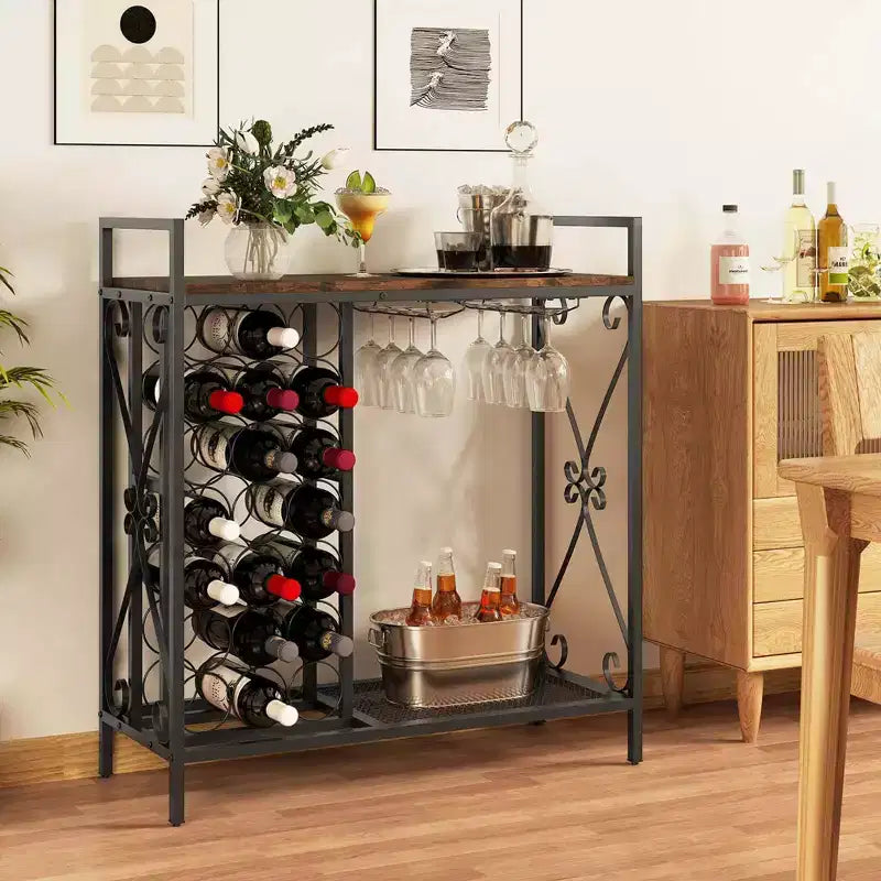 Costway Portabottiglie da Vino da Terra per 21 Bottiglie con Scaffale Contenitore Nero & Oro / Marrone