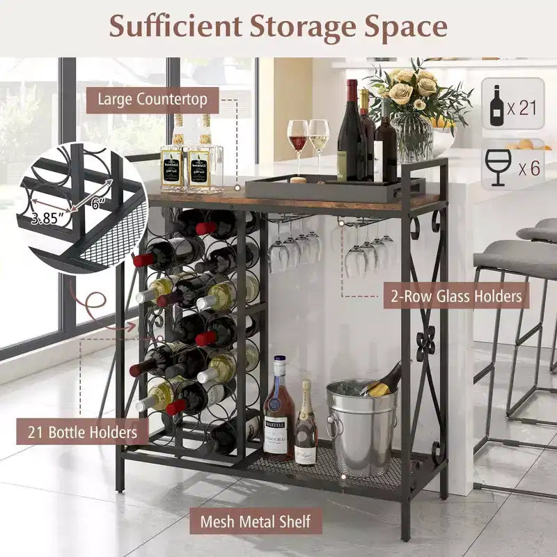 Costway Portabottiglie da Vino da Terra per 21 Bottiglie con Scaffale Contenitore Nero & Oro / Marrone