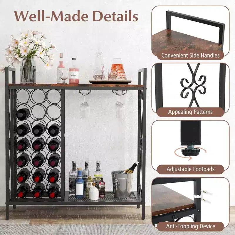 Costway Portabottiglie da Vino da Terra per 21 Bottiglie con Scaffale Contenitore Nero & Oro / Marrone