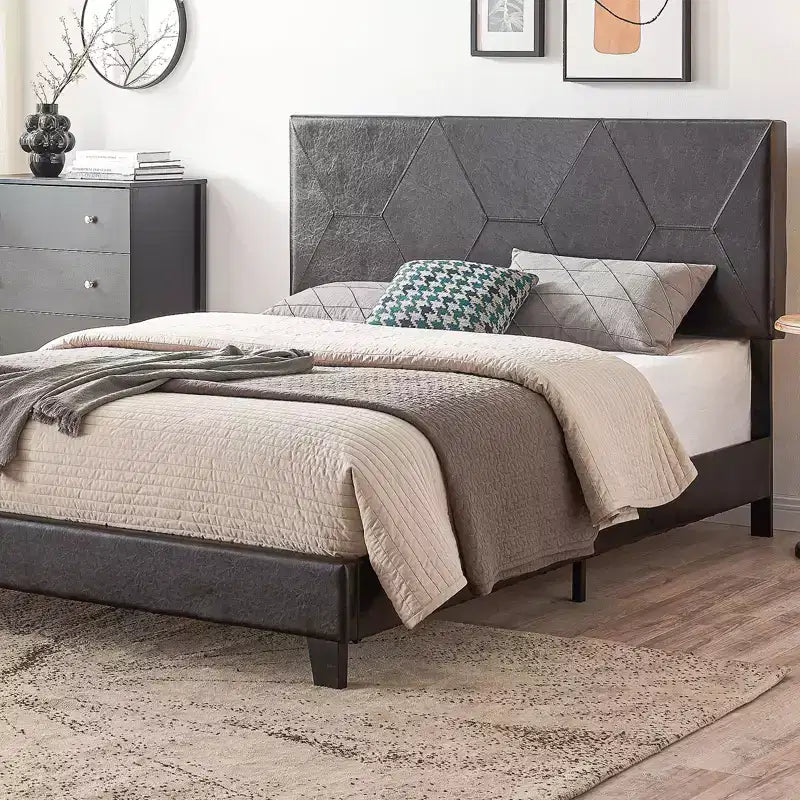 Okak Letto imbottito Queen Size, con struttura a piattaforma, supporto con doghe in legno, facile montaggio, nero, in PU