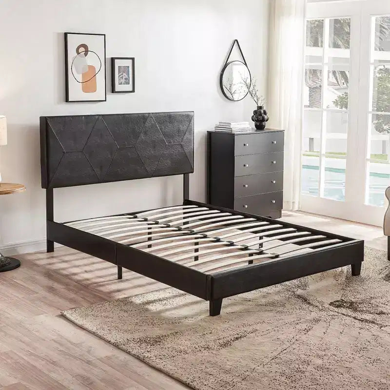Okak Letto imbottito Queen Size, con struttura a piattaforma, supporto con doghe in legno, facile montaggio, nero, in PU