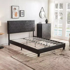 Okak Letto imbottito Queen Size, con struttura a piattaforma, supporto con doghe in legno, facile montaggio, nero, in PU