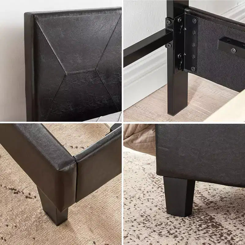 Okak Letto imbottito Queen Size, con struttura a piattaforma, supporto con doghe in legno, facile montaggio, nero, in PU