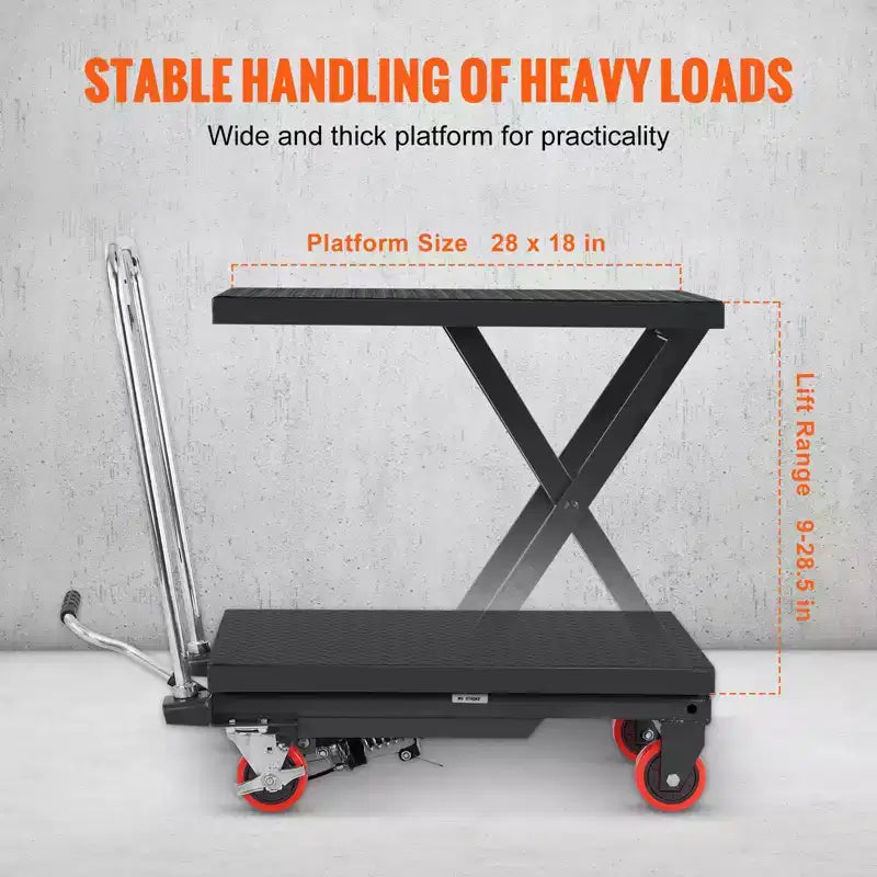 Carrello Elevatore Idraulico VEVOR, Capacità 226 kg, Altezza di Sollevamento 72,4 cm, Tavolo Elevatore Manuale a Forbice Singola con 4 Ruote e Cuscinetto Antiscivolo
