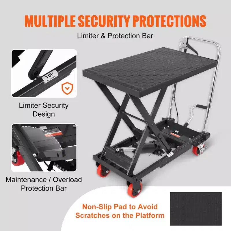 Carrello Elevatore Idraulico VEVOR, Capacità 226 kg, Altezza di Sollevamento 72,4 cm, Tavolo Elevatore Manuale a Forbice Singola con 4 Ruote e Cuscinetto Antiscivolo