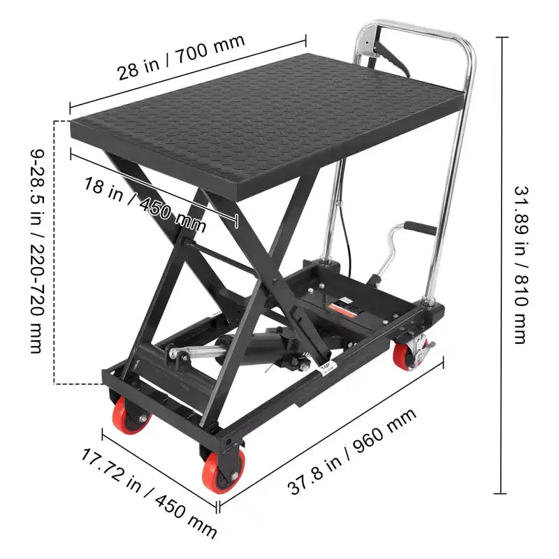 Carrello Elevatore Idraulico VEVOR, Capacità 226 kg, Altezza di Sollevamento 72,4 cm, Tavolo Elevatore Manuale a Forbice Singola con 4 Ruote e Cuscinetto Antiscivolo