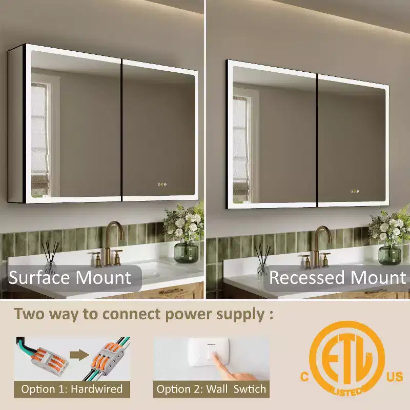 Specchiera Contenitore a LED Grande, Mobiletto da Bagno con Specchio da Incasso/Montaggio a Parete, Dimmerabile, Luce a 3 Modalità, Anti-Appannamento, Ripiani Regolabili, Nero