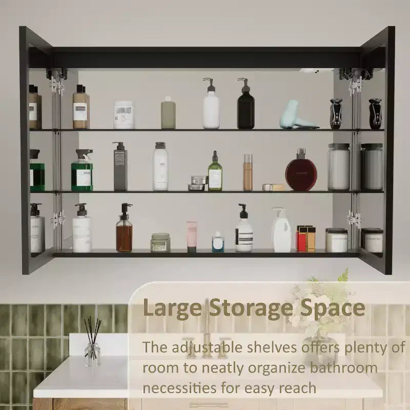 Specchiera Contenitore a LED Grande, Mobiletto da Bagno con Specchio da Incasso/Montaggio a Parete, Dimmerabile, Luce a 3 Modalità, Anti-Appannamento, Ripiani Regolabili, Nero