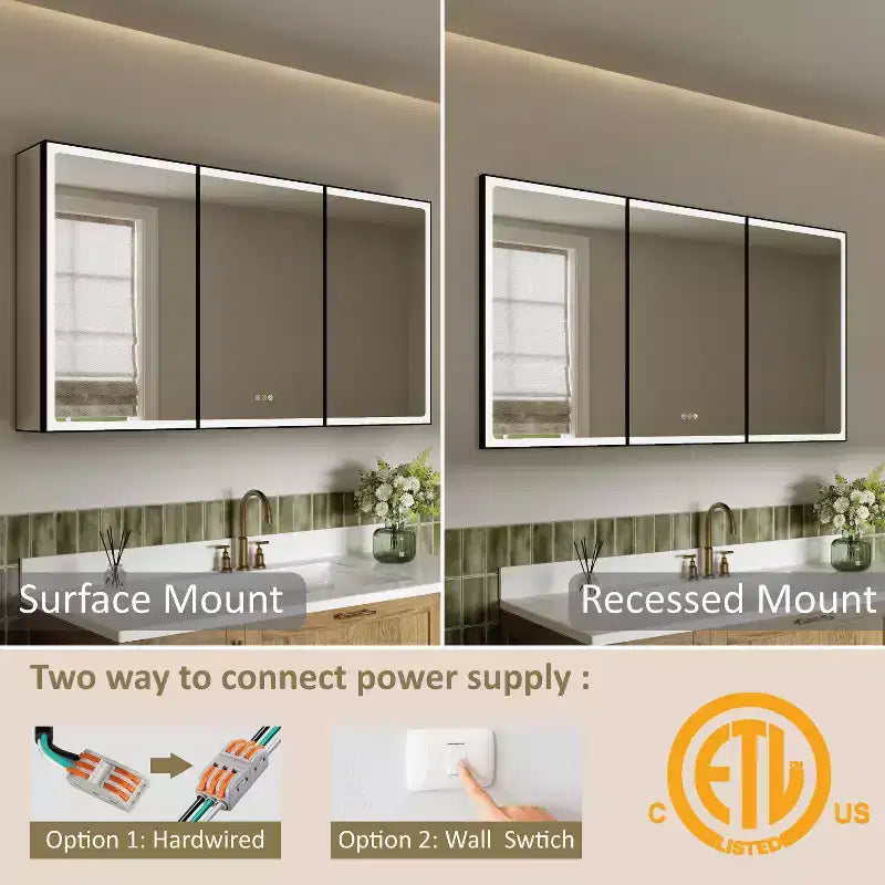Specchiera Contenitore a LED Grande, Mobiletto da Bagno con Specchio da Incasso/Montaggio a Parete, Dimmerabile, Luce a 3 Modalità, Anti-Appannamento, Ripiani Regolabili, Nero