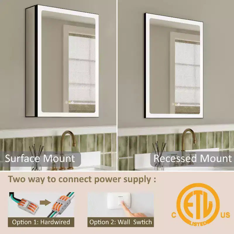 Specchiera Contenitore a LED Grande, Mobiletto da Bagno con Specchio da Incasso/Montaggio a Parete, Dimmerabile, Luce a 3 Modalità, Anti-Appannamento, Ripiani Regolabili, Nero