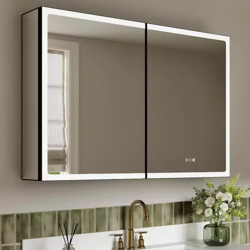 Specchiera Contenitore a LED Grande, Mobiletto da Bagno con Specchio da Incasso/Montaggio a Parete, Dimmerabile, Luce a 3 Modalità, Anti-Appannamento, Ripiani Regolabili, Nero