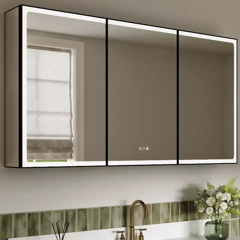 Specchiera Contenitore a LED Grande, Mobiletto da Bagno con Specchio da Incasso/Montaggio a Parete, Dimmerabile, Luce a 3 Modalità, Anti-Appannamento, Ripiani Regolabili, Nero