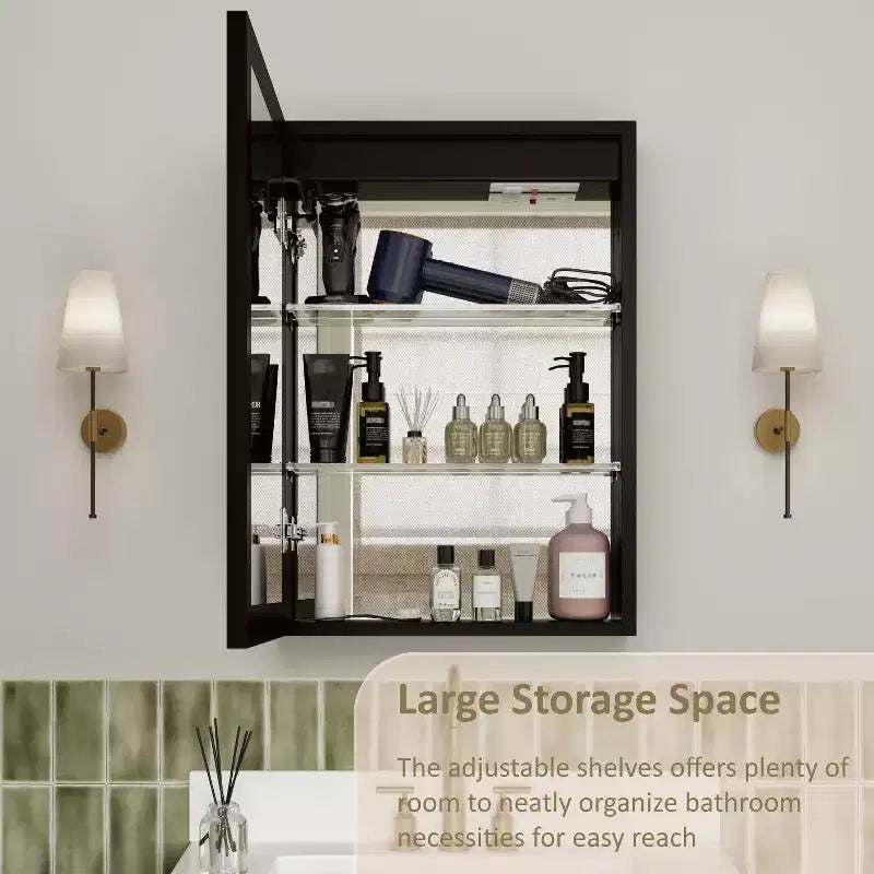 Specchiera Contenitore a LED Grande, Mobiletto da Bagno con Specchio da Incasso/Montaggio a Parete, Dimmerabile, Luce a 3 Modalità, Anti-Appannamento, Ripiani Regolabili, Nero