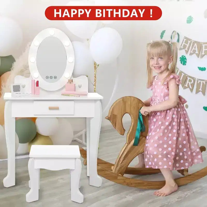 Set da trucco per bambini con specchio e luce, specchio per il trucco con luce, sedia da trucco, tavolo da trucco e sgabello, set da gioco in legno per bambine di età 4-9 anni