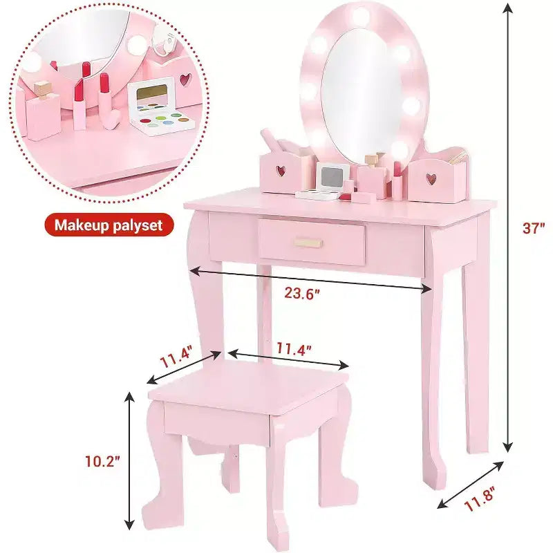 Set da trucco per bambini con specchio e luce, specchio per il trucco con luce, sedia da trucco, tavolo da trucco e sgabello, set da gioco in legno per bambine di età 4-9 anni