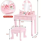 Set da trucco per bambini con specchio e luce, specchio per il trucco con luce, sedia da trucco, tavolo da trucco e sgabello, set da gioco in legno per bambine di età 4-9 anni