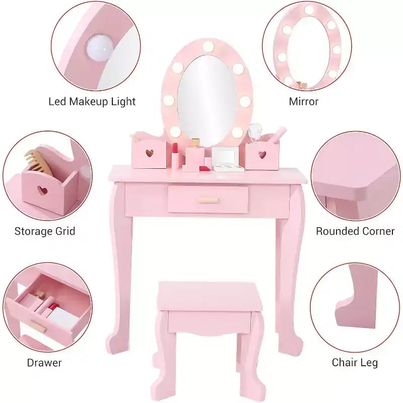 Set da trucco per bambini con specchio e luce, specchio per il trucco con luce, sedia da trucco, tavolo da trucco e sgabello, set da gioco in legno per bambine di età 4-9 anni