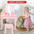 Set da trucco per bambini con specchio e luce, specchio per il trucco con luce, sedia da trucco, tavolo da trucco e sgabello, set da gioco in legno per bambine di età 4-9 anni