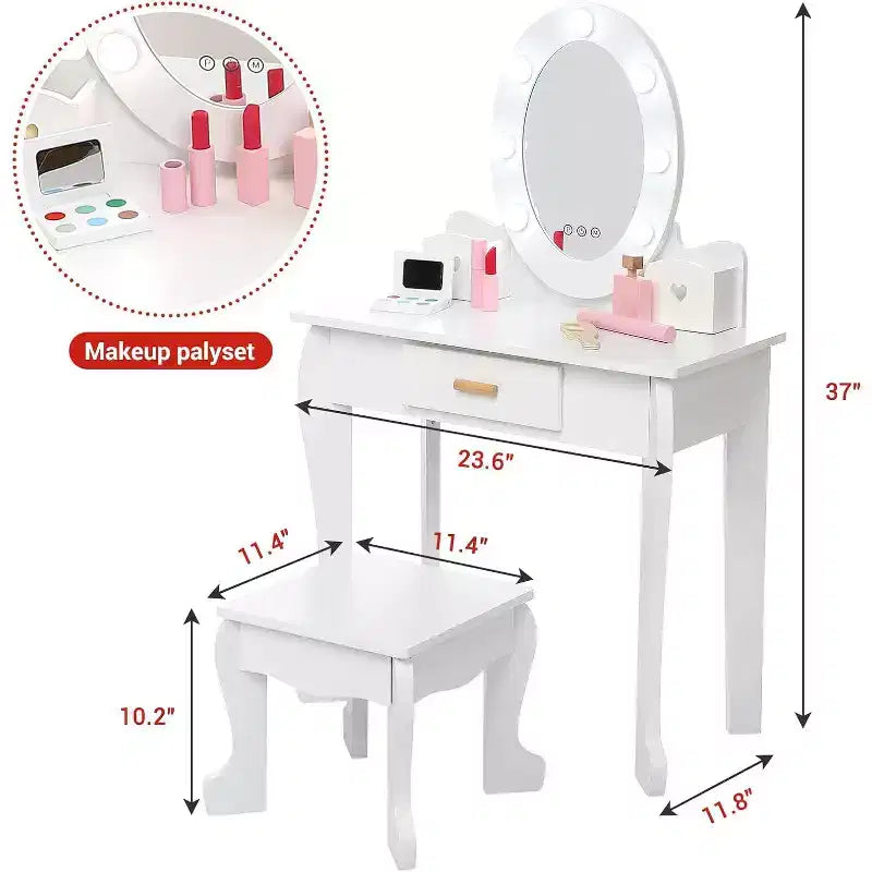 Set da trucco per bambini con specchio e luce, specchio per il trucco con luce, sedia da trucco, tavolo da trucco e sgabello, set da gioco in legno per bambine di età 4-9 anni