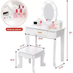 Set da trucco per bambini con specchio e luce, specchio per il trucco con luce, sedia da trucco, tavolo da trucco e sgabello, set da gioco in legno per bambine di età 4-9 anni