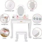 Set da trucco per bambini con specchio e luce, specchio per il trucco con luce, sedia da trucco, tavolo da trucco e sgabello, set da gioco in legno per bambine di età 4-9 anni