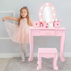 Set da trucco per bambini con specchio e luce, specchio per il trucco con luce, sedia da trucco, tavolo da trucco e sgabello, set da gioco in legno per bambine di età 4-9 anni