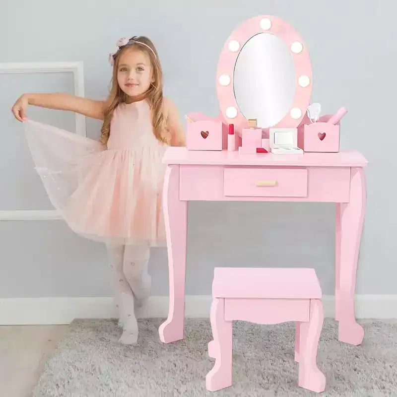 Set da trucco per bambini con specchio e luce, specchio per il trucco con luce, sedia da trucco, tavolo da trucco e sgabello, set da gioco in legno per bambine di età 4-9 anni