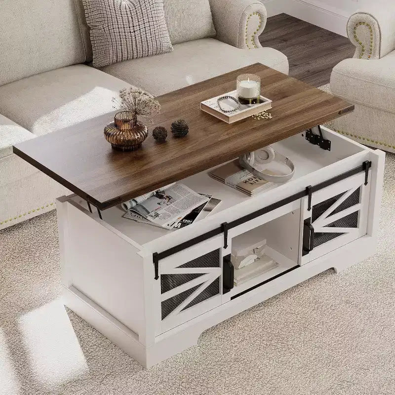 Tavolino da caffè Acekool 47.2 con piano sollevabile, cassetti e ripiani regolabili. Tavolino da centro in stile rustico-contadino con piano sollevabile per soggiorno.