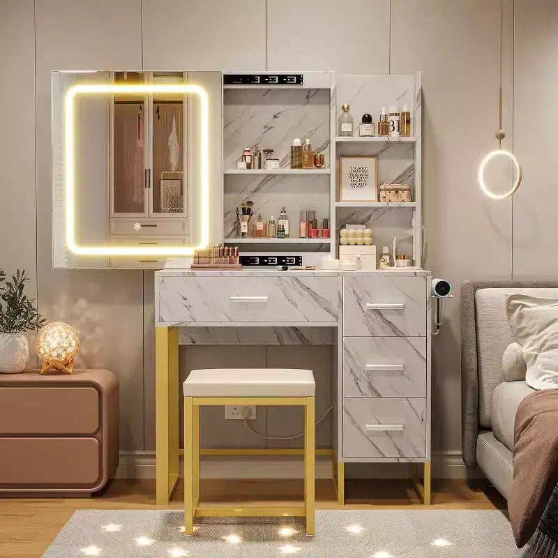 Toeletta, Toeletta con specchio scorrevole illuminato a LED, presa di corrente, set da toeletta