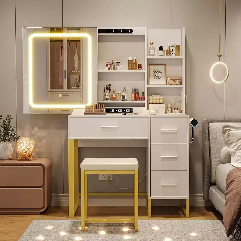 Toeletta, Toeletta con specchio scorrevole illuminato a LED, presa di corrente, set da toeletta
