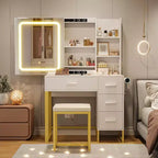 Toeletta, Toeletta con specchio scorrevole illuminato a LED, presa di corrente, set da toeletta