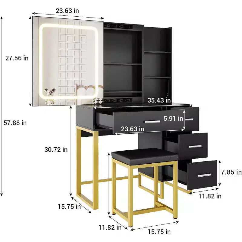 Toeletta, Toeletta con specchio scorrevole illuminato a LED, presa di corrente, set da toeletta