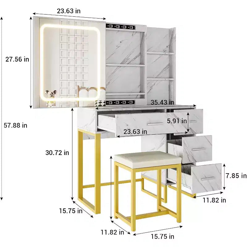 Toeletta, Toeletta con specchio scorrevole illuminato a LED, presa di corrente, set da toeletta