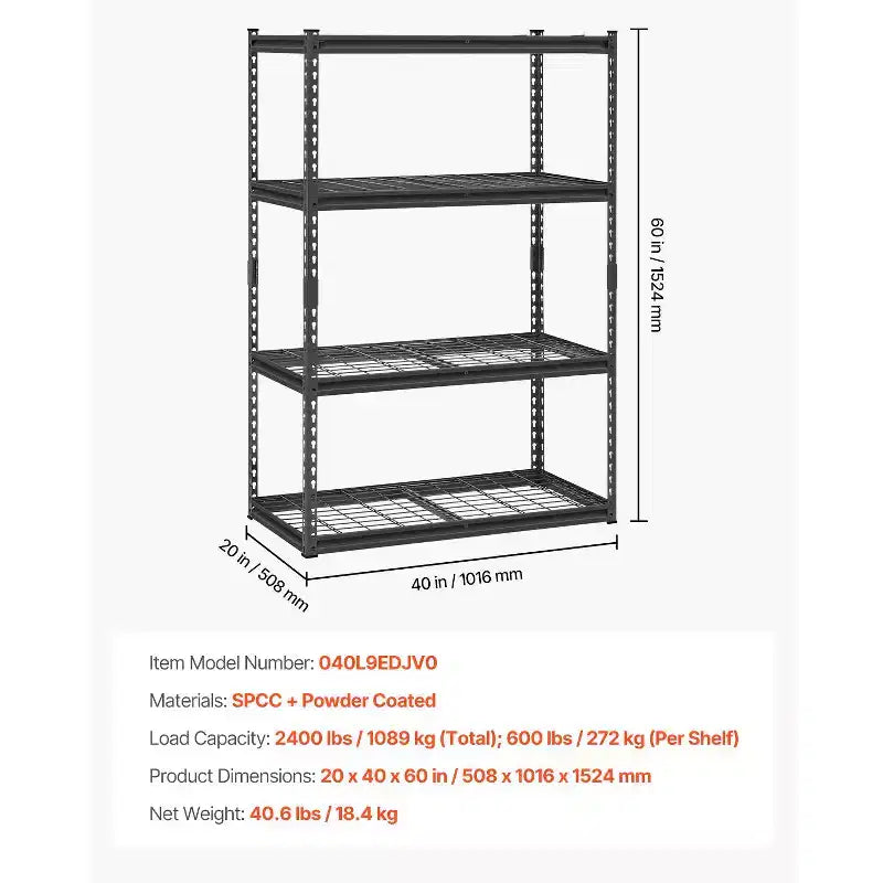 Scaffali di stoccaggio VEVOR, 1088 kg, Scaffalatura da garage resistente a 4 ripiani, 50,8 P x 101,6 L x 152,4 H cm Scaffali metallici regolabili per unità di scaffalatura industriale